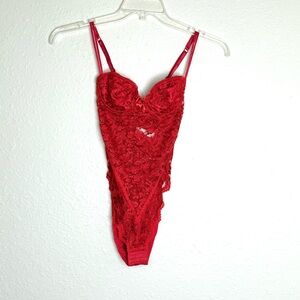 Victoria Secret Gold Tag Teddy lingerie Vintage red Lace & Shine Bodysuit - 32B